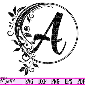 Monograma Floral SVG Floral Circular Floral Letra A Alfabeto SVG Redemoinhos Inicial svg Elegante Letra A Placa de Madeira svg DXF Corte Casamento Letra A