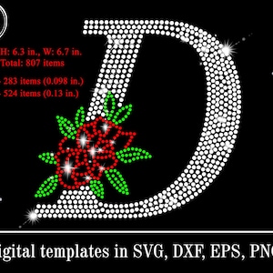 Plantilla SVG de diamantes de imitación florales con la letra D, letra con diamantes brillantes, monograma D de rosa, patrón de diamantes de imitación svg, Cricut, piedras ss10 ss6