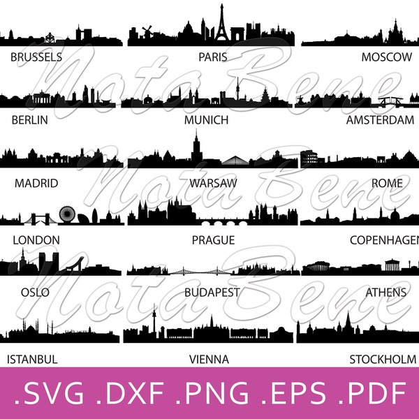 Skyline Cities SVG, Silhouettes Famous European Cities Skyline SVG, Europe Skylines Svg, Paris London Moscow Brussels Cricut Htv Vector Png