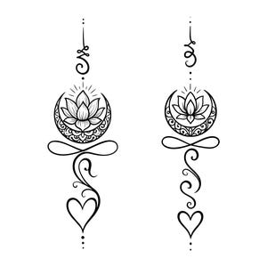 Two black and white line art designs. Each design features a lotus flower inside a crescent moon, with an infinity symbol, a heart, and other decorative elements. The designs are symmetrical and detailed.