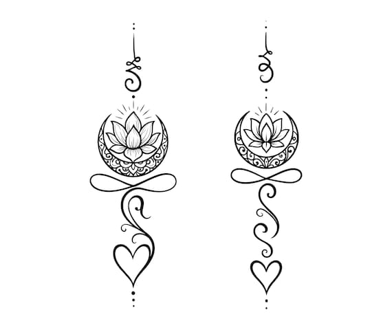 Fine Line Lotus Moon Tattoo PNG, Vertical Spine Design for Women, Minimalist Female (Digital Download)