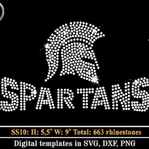 Op de afbeelding: Een digitaal sjabloon voor een strassontwerp met een Spartaanse helm en het woord "SPARTANS". Het ontwerp is 5,5 inch hoog en 9 inch breed en gebruikt 663 strasssteentjes. Het sjabloon is beschikbaar in de formaten SVG, DXF en PNG.