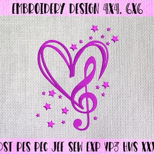 May include: A pink musical note and heart design with stars, embroidery design for 4x4 and 6x6 hoop sizes.  DST, PES, PEC, JEF, SEW, EXP, VP3, HUS, XXX.