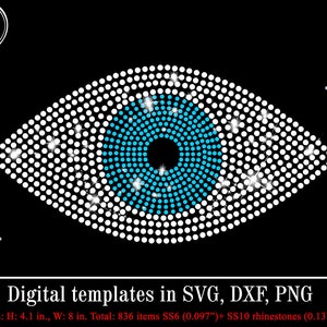 Könnte beinhalten: Eine digitale Vorlage für ein blaues und weißes Augen-Design aus Strasssteinen. Das Design ist 4,1 Zoll hoch und 8 Zoll breit und verwendet 836 Strasssteine.