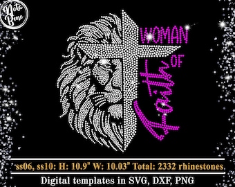 May include: A rhinestone design featuring a lion's head and a cross with the text "WOMAN OF FAITH" in pink. The design measures 10.9 inches high and 10.03 inches wide and uses 2332 rhinestones.
