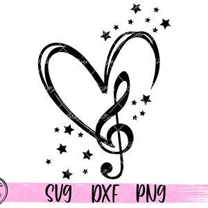 May include: Black and white silhouette of a treble clef and heart with stars around it. SVG, DXF, and PNG file formats.