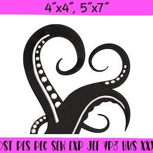 May include: Black and white embroidery design of an octopus tentacle in the shape of a heart. The design is available in 4x4 and 5x7 inch sizes.