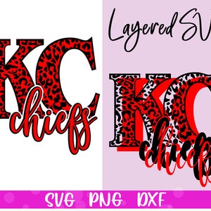 May include: A layered SVG design featuring the letters "KC" in a red and black leopard print with the word "chiefs" in red and black text.