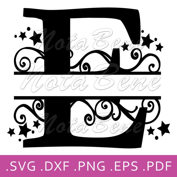 Elegant E Split Monogram SVG Swirls StarsSplit Letter E SVG Divided Initial E svg Brush Script Svg Wedding Wood Sign E DXF Letter E Cut file