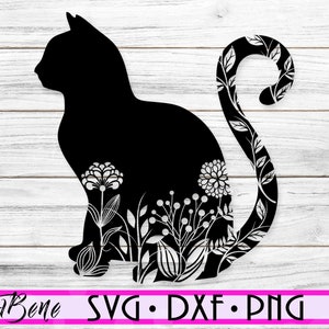 Fichier de coupe floral chat Svg, Mandala chat Svg, champ fleurs Svg, Clipart Cricut, Silhouette