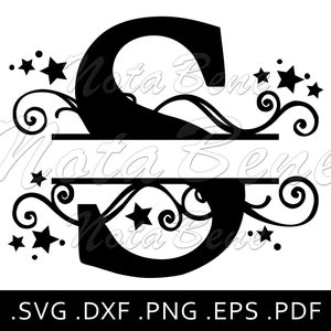 May include: Black and white silhouette of the letter S with decorative swirls and stars. The letter is split in half with a horizontal line. The text "SVG.DXF.PNG.EPS.PDF" is at the bottom of the image.