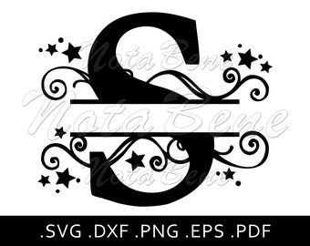 S Split Monogram SVG Split Letter S SVG Swirls Stars Divided Initial S svg Wood Sign S svg Brush script DXF S Cut File Wedding Letter S