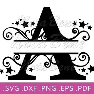 A Split Monogram SVG Split letter A Alphabet SVG Swirls Stars Divided Initial svg Elegant A Letter Wood Sign svg DXF Cut Wedding Letter A
