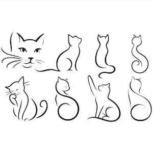 May include: Eight minimalist black line art cat illustrations on a white background. The designs include cat faces, sitting cats, and cats in various poses, such as stretching and grooming.