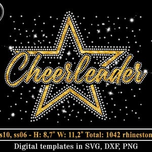 以下が含まれることがあります： 金色のグリッターラインストーンで飾られた星の形のデザインで、「チアリーダー」という言葉が金色のグリッターフォントで書かれています。デザインは高さ8.7インチ、幅11.2インチで、1042個のラインストーンを使用しています。