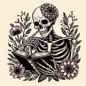 Skelet leesboek SVG PNG, Floral skelet svg png, wilde bloemen boek skelet svg png, T-shirt Design, DTF Print, sublimatie png