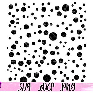 May include: Black and white polka dot pattern design. The design is made up of various sized circles.