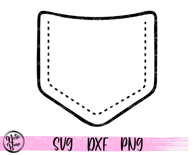 Puede incluir: Esquema en blanco y negro de un bolsillo con un borde cosido. El bolsillo es una forma simple con una parte superior redondeada y una parte inferior recta.