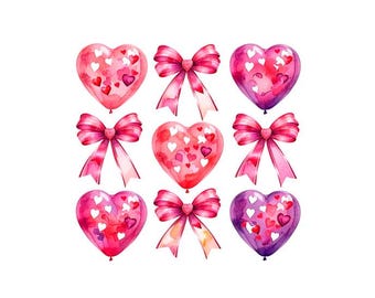 Coquette Valentine Pink Heart Valentines PNG, Watercolor Valentine's day bows png (Digital Download)