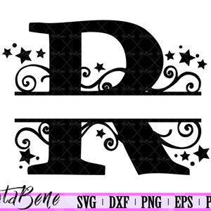 R Split Monogram SVG Swirls Stars Split Font Letter R SVG Elegant Divided Initial R Decorative Cricut Wood Sign R Alphabet Laser Cut Plasma