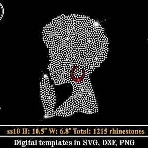 May include: A digital template of a woman's silhouette made of white rhinestones with a red rhinestone earring. The template is 10.5 inches tall and 6.8 inches wide and includes 1215 rhinestones. The text "ss10 H: 10.5" W: 6.8" Total: 1215 rhinestones" and "Digital templates in SVG, DXF, PNG" is at the bottom of the image.