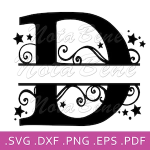Elegante monograma dividido SVG Swirls estrellas Letra dividida SVG Inicial D dividida Archivos svg para Cricut Letrero de madera D Plantilla cortada Letra de boda D