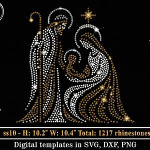 May include: A rhinestone design depicting the Holy Family on a black background. The image features Joseph, Mary, and baby Jesus, with Joseph holding a staff. The design is made of gold and white rhinestones. The image is 10.2 inches high and 10.4 inches wide.
