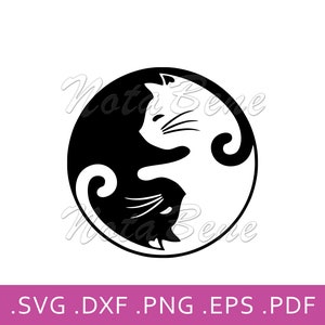 May include: Black and white Yin Yang symbol with a cat silhouette in each half. The cat on the left is black and the cat on the right is white.