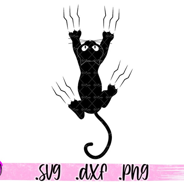 Black Cat Scratching Down SVG, PNG | Cartoon Cat, Funny Kitten, Cats | Clipart Cricut Silhouette Cut File Digital Print Download Poster