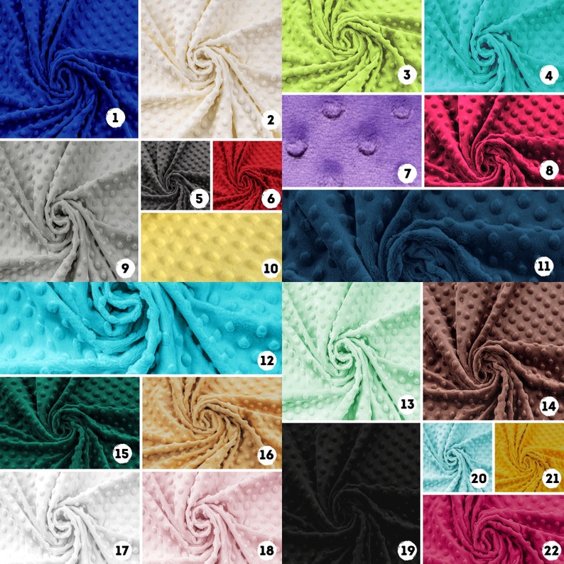 May include: A selection of fabrics in a variety of colours, each with a textured, dotted surface. Colours include blue, cream, green, teal, purple, pink, grey, black, red, yellow, brown, and white. The fabrics are arranged in a grid, displaying the range of options.
