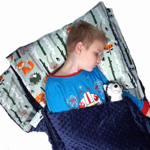 Puede incluir: Un niño duerme en una colchoneta para dormir con estampado azul y verde, una manta azul y un peluche. La colchoneta tiene un tema de bosque con árboles, zorros y erizos.