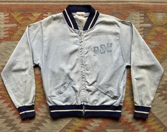 50s 60s Penn State University Bomber Jacket Sportswear Light Blue Pockets Zipper Brand Pennsylvania Vintage REPAIRED / USA / Size Small