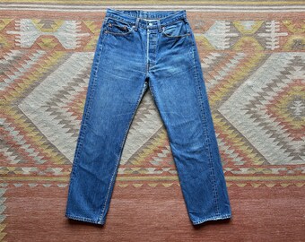 80s 90s Levi's 501s 501xx Red Tab Button Fly Vintage Denim Jeans Faded Worn Faded Medium Dark Wash / Made in USA / 33W 33L 33x33