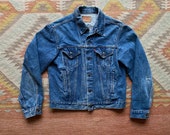80s Levi 39 s Denim Trucker Jacket Blue Worn Distressed Faded Holes Frayed Vintage Made in USA Size 46 L