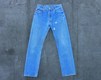 Levi's 501s 501XX Red Tab Button Fly Blue Vintage Denim Jeans Worn Faded Straight Leg Medium Dark Wash / 32W 36L 32x36 Tall