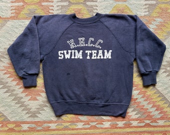 50s Crew Neck Pullover Sweatshirt Raglan Vintage Freedom Sleeve NHCC Swim Team College School Sports Dark Blue Worn Faded / USA / Size S XS