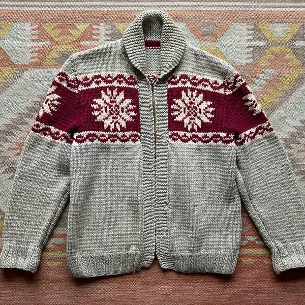 50s 60s Cowichan Wool Hand Knit Sweater Oatmeal Maroon Red Snowflakes Winter Pattern Talon Zipper Warm Handmade REPAIRED / Size Large XL