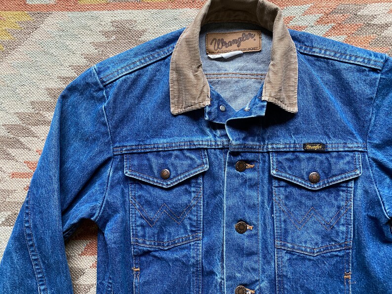 80s Wrangler Western Jacket Denim Corduroy Caller Button Rancher Workwear Faded Cowboy Vintage Worn Size Small XS