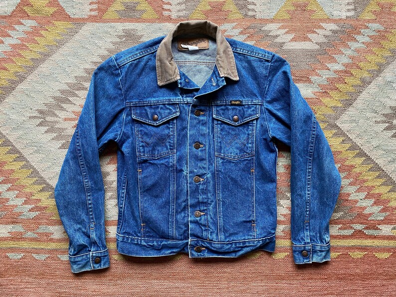 80s Wrangler Western Jacket Denim Corduroy Caller Button Rancher Workwear Faded Cowboy Vintage Worn Size Small XS
