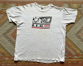 1987 R.E.M. Work Tour White T Shirt Thin Single Stitch Worn Faded Stained Thrashed Band  Rock Michael Stipe Rock / Made in USA / XXL
