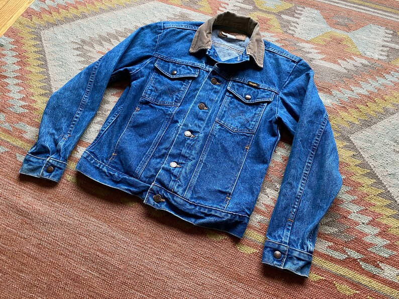 80s Wrangler Western Jacket Denim Corduroy Caller Button Rancher Workwear Faded Cowboy Vintage Worn Size Small XS