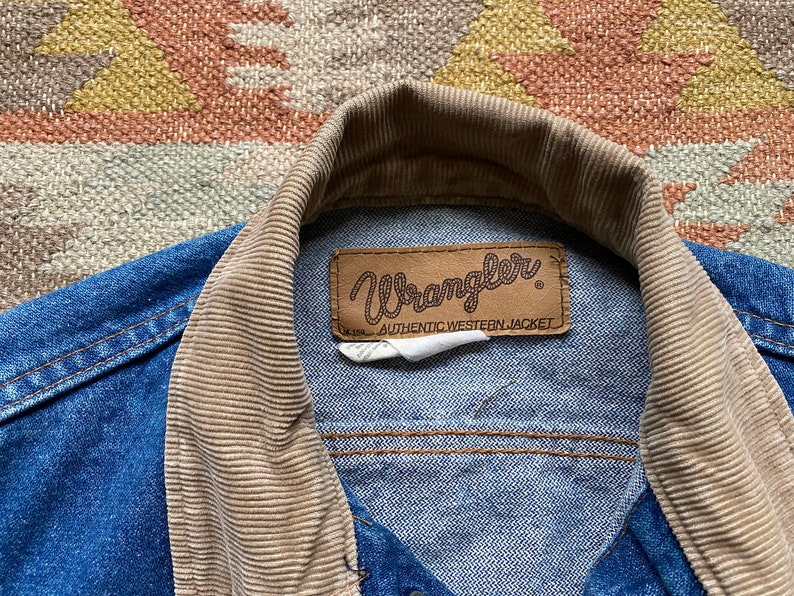 80s Wrangler Western Jacket Denim Corduroy Caller Button Rancher Workwear Faded Cowboy Vintage Worn Size Small XS