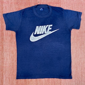 80s NIKE Navy Blue White Check Logo Vintage Single Stitch T Shirt