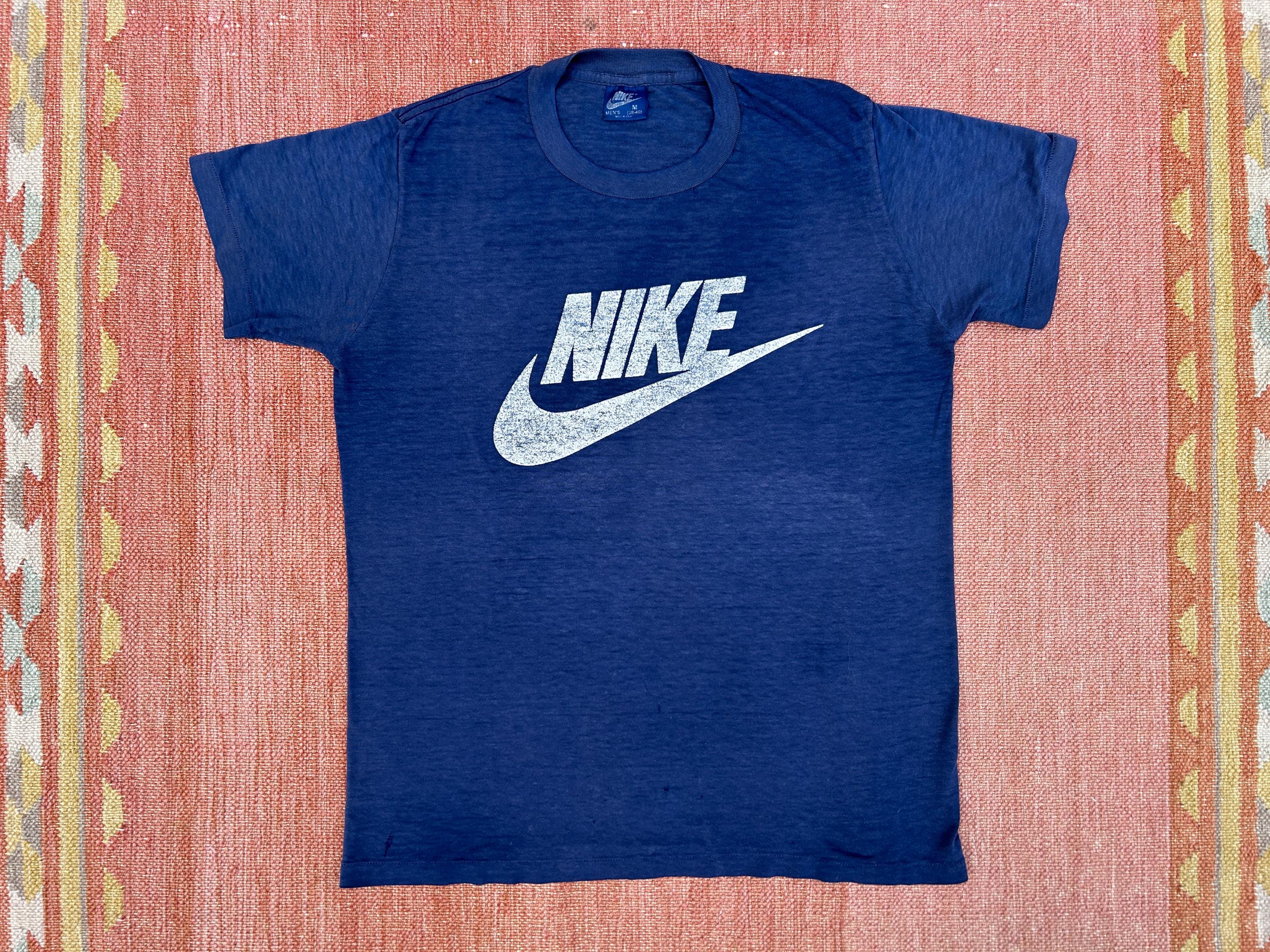 80s NIKE Navy Blue White Check Logo Vintage Single Stitch T Shirt