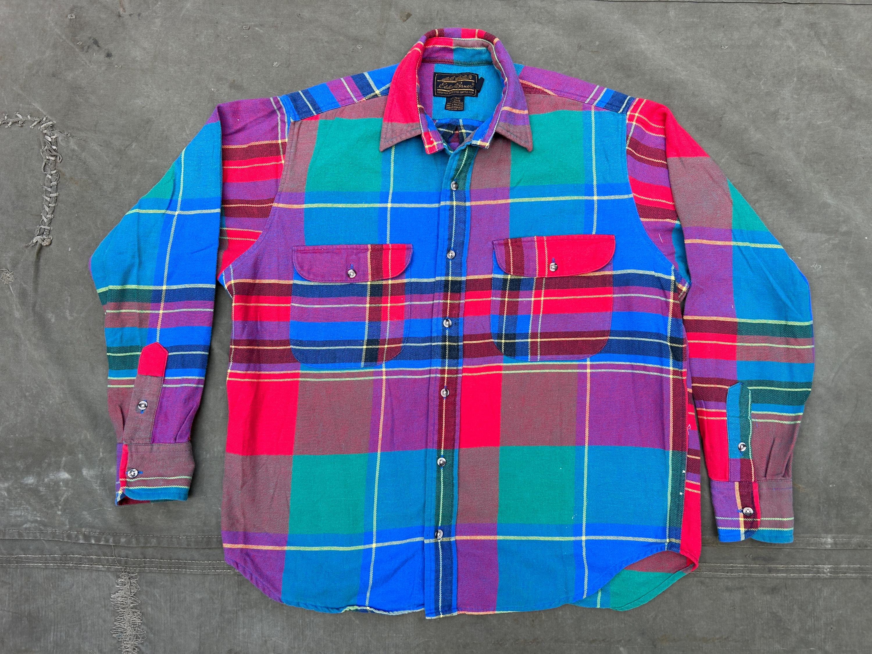 90s Eddie Bauer Plaid Flannel Long Sleeve Shirt Blue Red Yellow  display picture 1