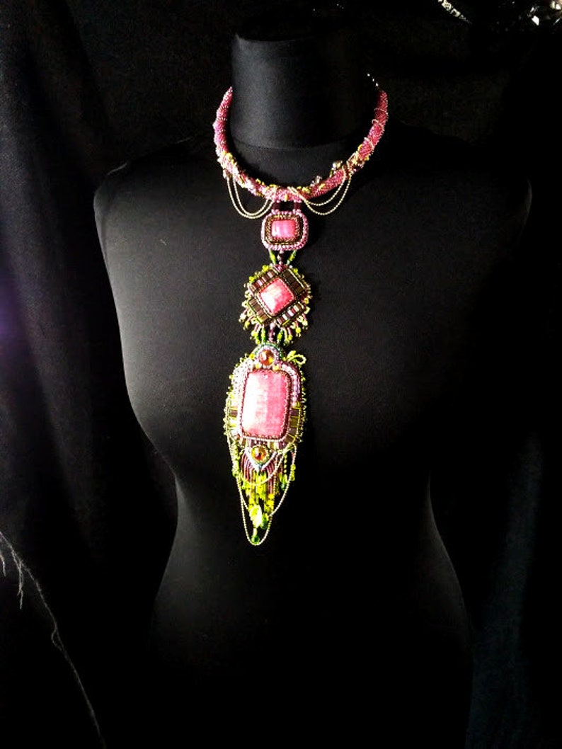 Long pink necklace Art embroidered necklace Statement necklace Etsy