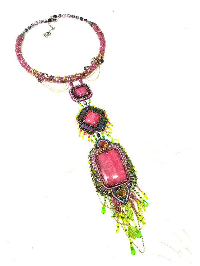 Long pink necklace Art embroidered necklace Statement necklace Etsy