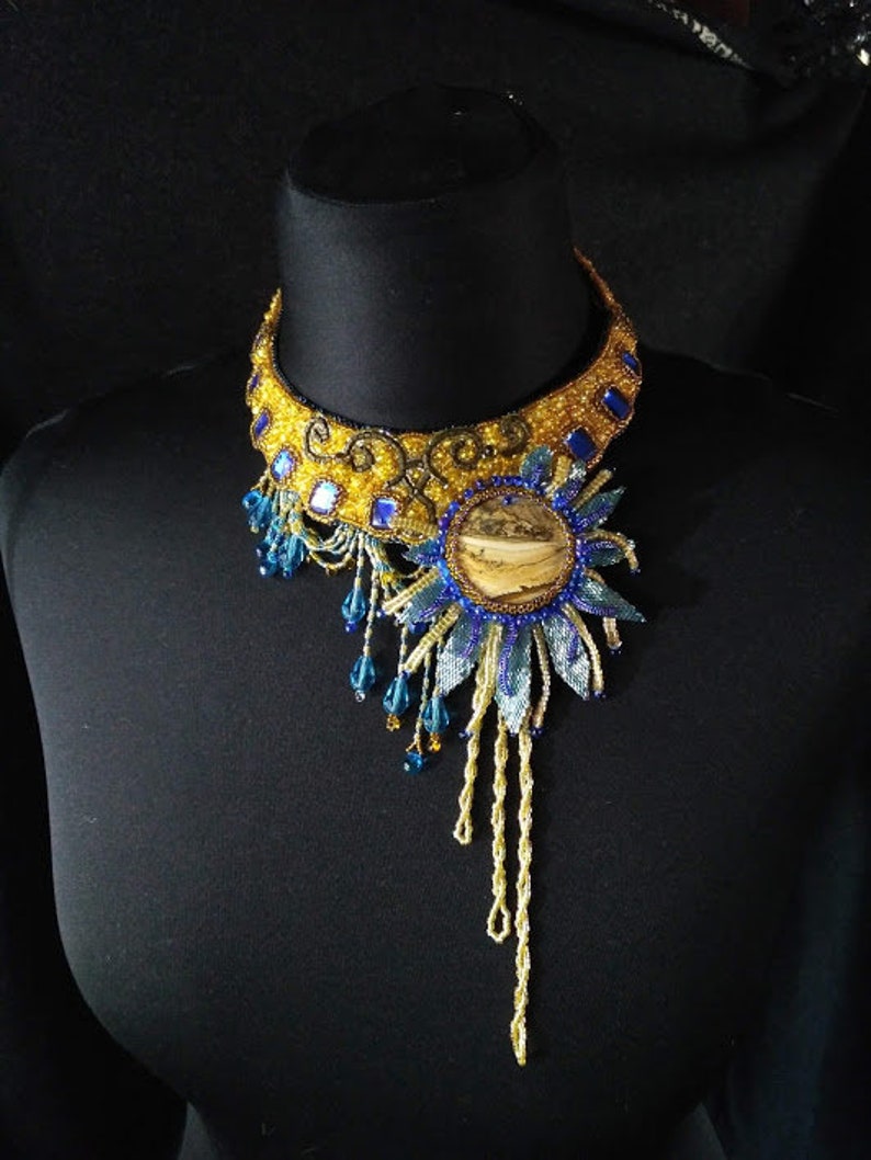 Statement necklace Bib necklace statement embroier Art necklace Art bib necklace Jasper necklace Large yellow necklace Statement jewelry