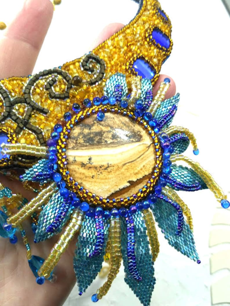 Statement necklace Bib necklace statement embroier Art necklace Art bib necklace Jasper necklace Large yellow necklace Statement jewelry