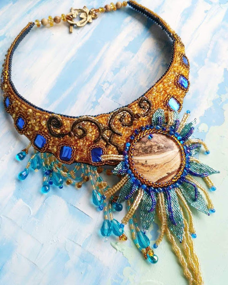 Statement necklace Bib necklace statement embroier Art necklace Art bib necklace Jasper necklace Large yellow necklace Statement jewelry